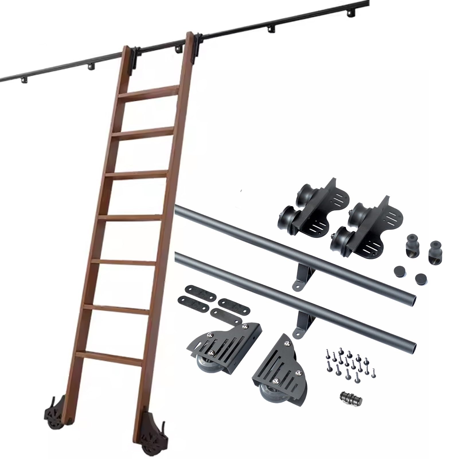 LWJSOCP 3.3ft-20ft Rolling Ladder Kit Library Stand Up Tensible Sliding Barn Door Complete Ladder Hardware Kit (No Ladder), Round Tube Extension Ladder Tracks System Rail(16ft/500cm Track kit)