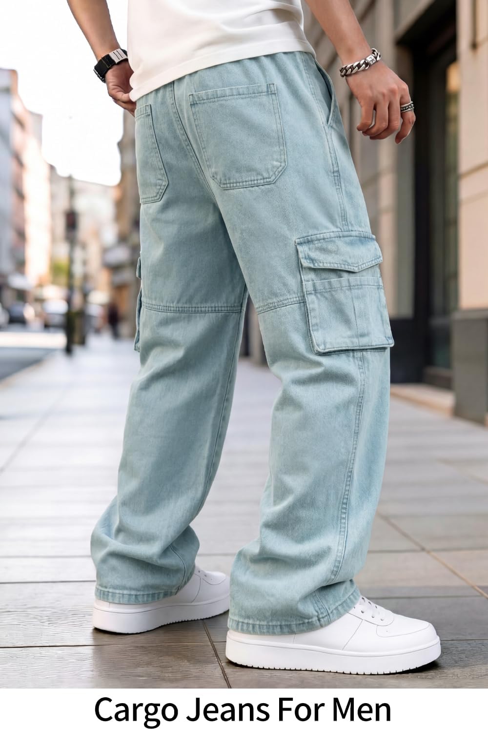 Heyfanee Mens Baggy Cargo Jeans Wide Leg Y2K Elastic Waist Denim Pants for Men with Drawstring Streetwear
