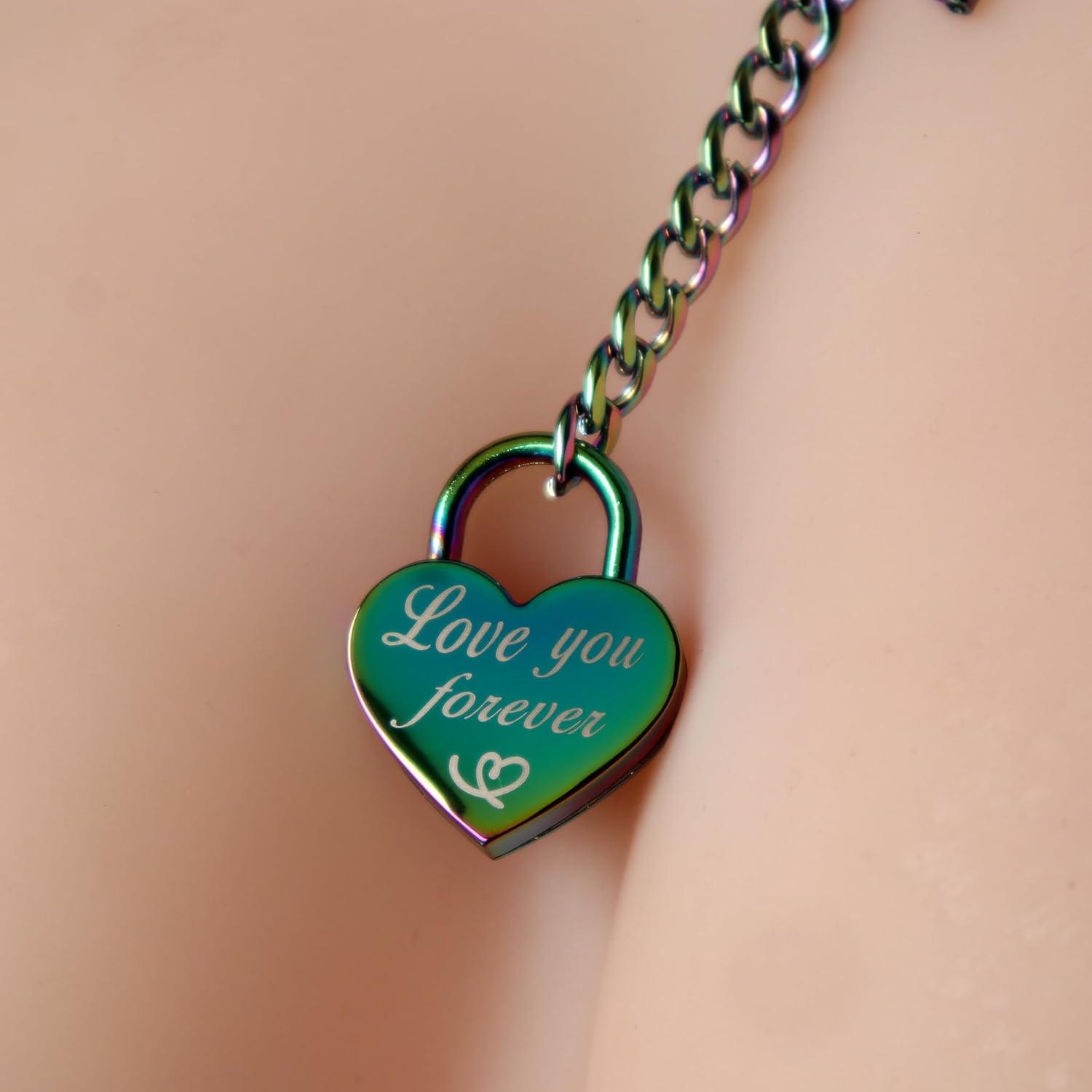 Heart Slip Chain Necklace -Pad lock with key Lariat jewelry for women,Love You Forever Engraved on Locket,Cuban Link Pendant Mother's Day Gift (rainbow pad lock with key necklace) - Image 5