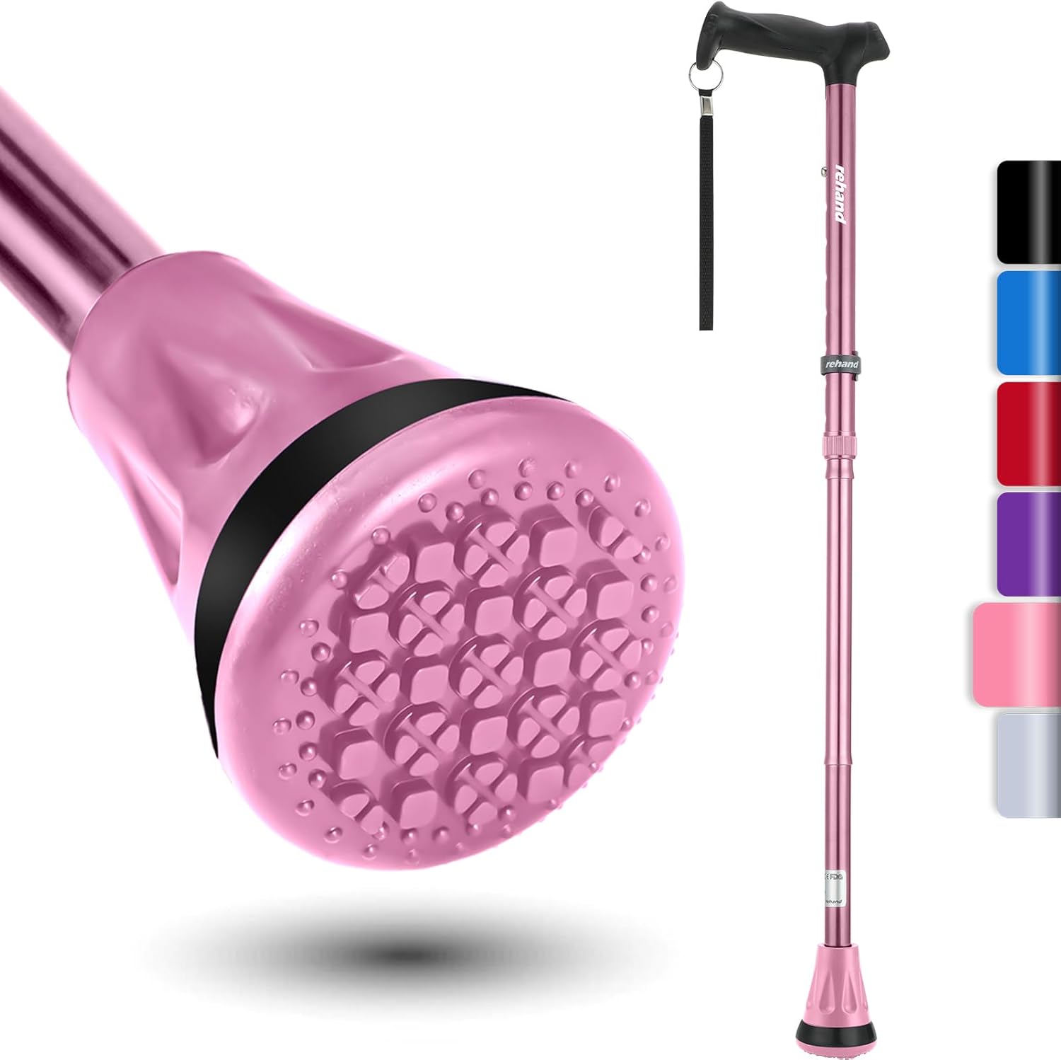 REHAND Walking Cane - Foldable, Adjustable, Collapsible Walking Canes for Men & Women, Heavy Duty All Terrain Tip, with Travel Bag | Walking Sticks for Seniors & Adults PINK