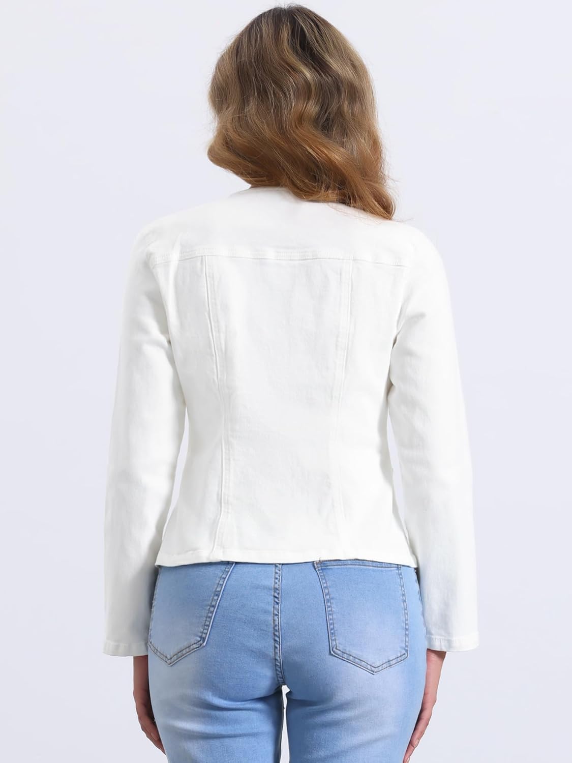 Allegra K Womens Jean Jacket Collarless Long Sleeve One Button Lightweight Denim Blazer Cropped Denim Jacket - Image 4