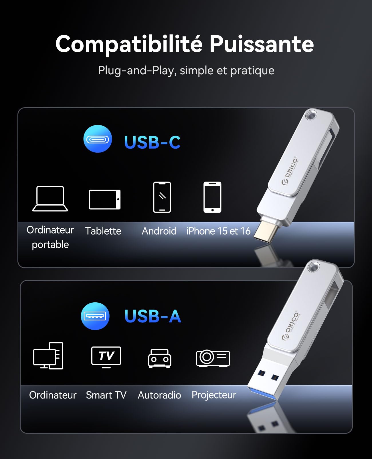 ORICO Clé USB 128 Go (Type C & USB-A), USB 3.2 Gen 1, Mini Pendrive Portable, Vitesse Lecture 150 Mo/s – pour iPhone 15/16/17, Android, Tablettes, Mac, Windows, Plug and Play -EB05