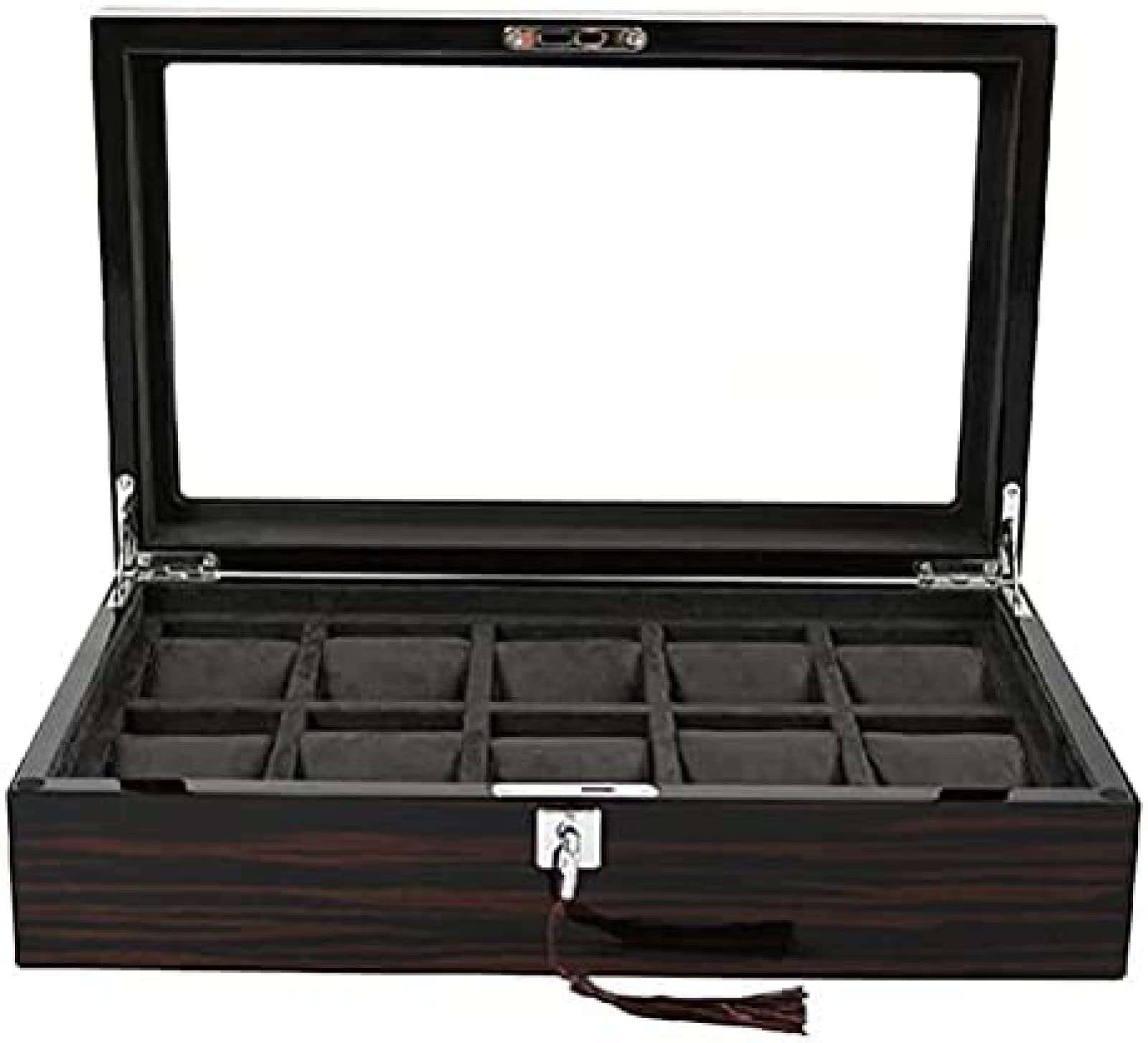 YNBSHGAA Wooden Watch Box for 10 Watches, Lockable Watches Storage Box for Men Women, Jewellery Display Holder Case with Glass Lid, Removable Watch Pillow