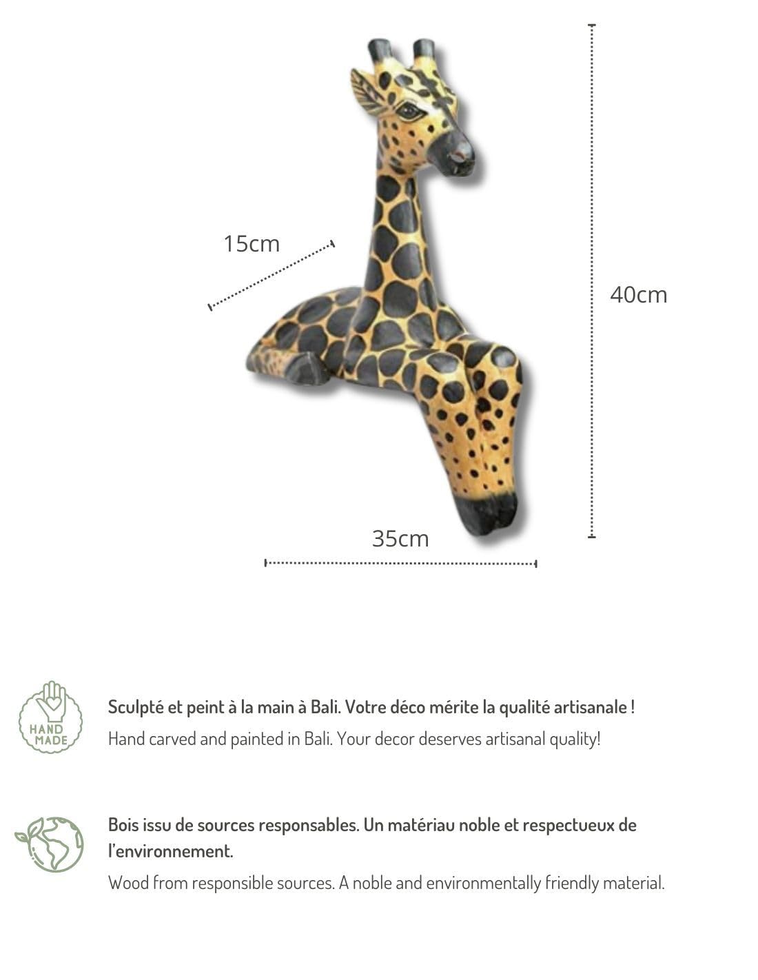 Artisanal Statua giraffa seduta bordo scaffale H40 cm, decorazione africana Safari Savana.