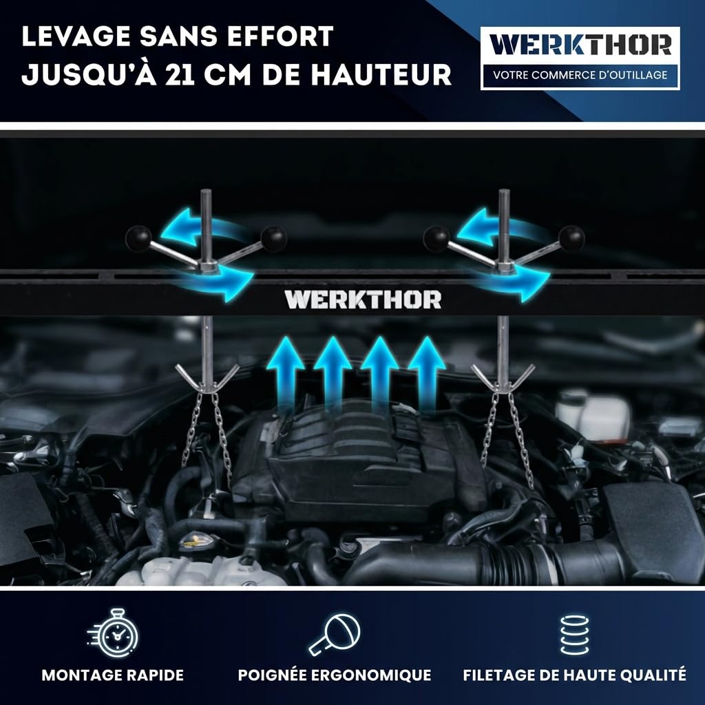 WERKTHOR Support Moteur Atelier 500kg Noir | Traverse Support Moteur Réglable 150cm avec 2 Chaînes 90cm & Pieds 360° | Barre Maintien Moteur pour Embrayage, Distribution, Boîte Vitesse