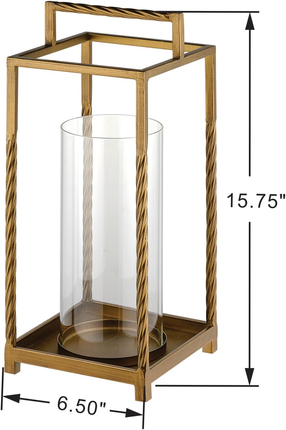 16" Modern Metal Lantern with Twisted Rope-Style Frame in Antique Brass with Glass Hurricane for Pillars, String Light. Centerpiece, Mantel, Ambient Lighting, Farmhouse, Transitional, Patio, Entryway