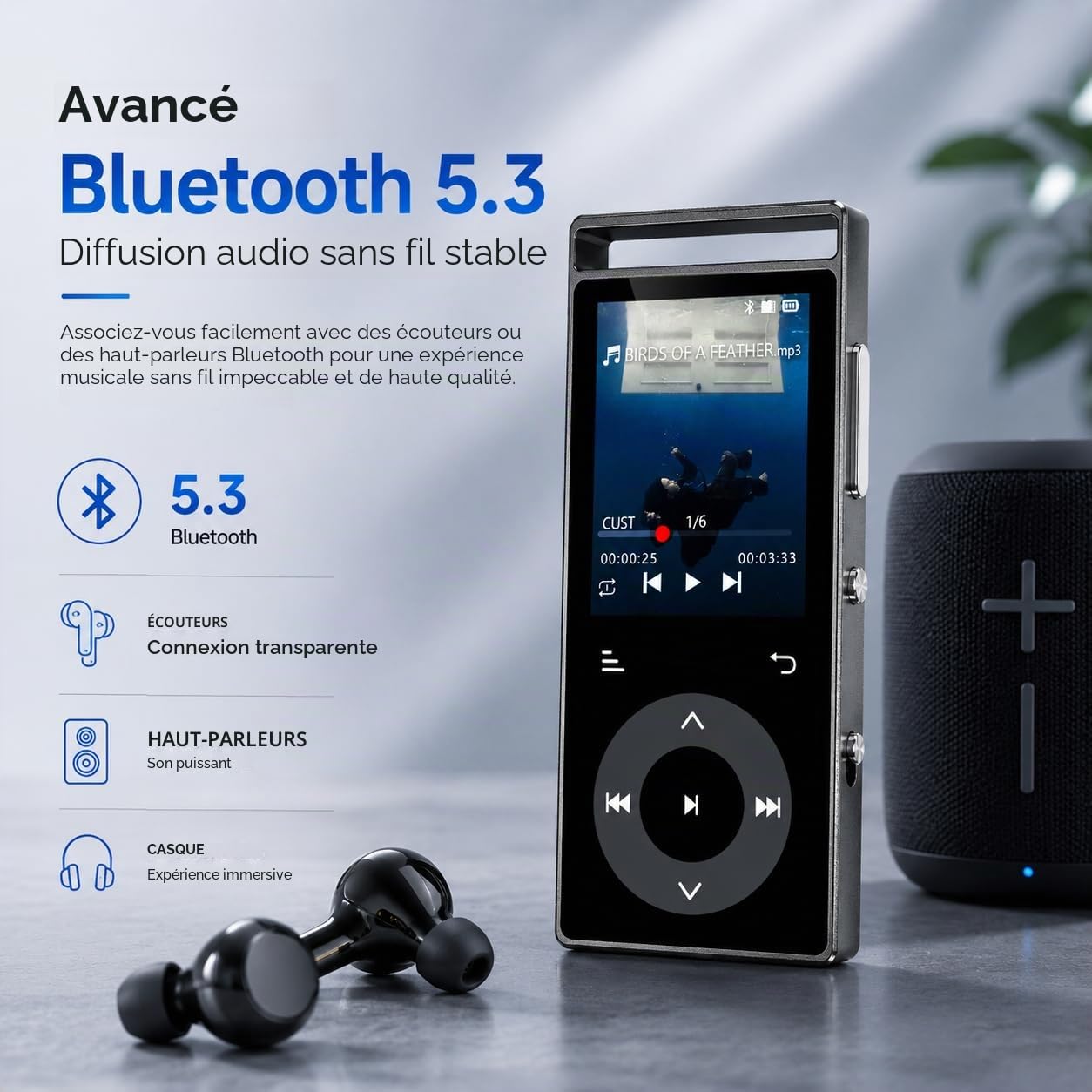 Lecteur Mp3 Bluetooth 5.3 Son HiFi, Boutons Tactiques, Structure Métall, Écran Couleur, Extension 128Go, Écouteurs Inclus Noir