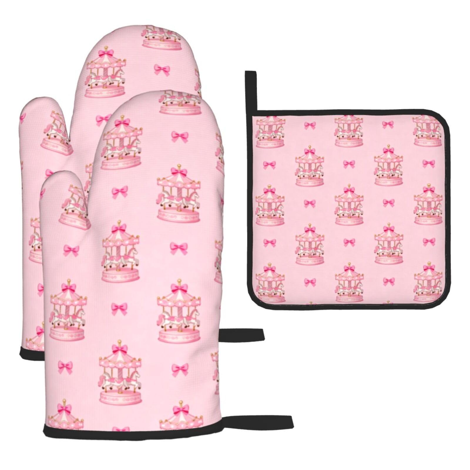3 Pcs Oven Mitts and Pot Holders Set, Carousel with Pink Bow Kawaii Heat Resistant BBQ Gloves Potholders Extra Thicken Long Kitchen Oven Glove for Cooking Baking Grilling