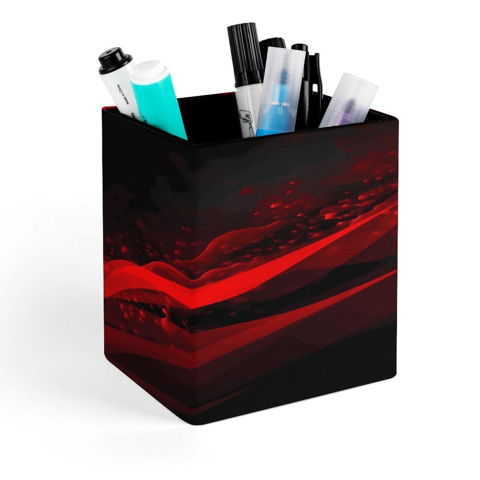 LZQPOEAS Black And Red Background Square Pen Pencil Holder PU Leather Pencil Cup Desktop Stationery Organizer Office Accessories Container