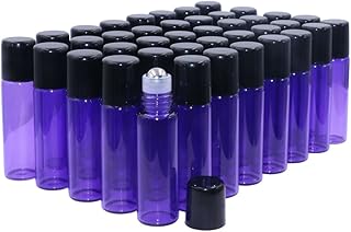 Glass Roller Bottles,5ml(1/6oz) Purple 40 Pack Roll on Glass Bottles for Essential Oils Aromatherapy,Perfume Oils,Lip Balms,DIY Blends creations,with Stainless Steel Roller Ball Black Lid-FREE Dropper