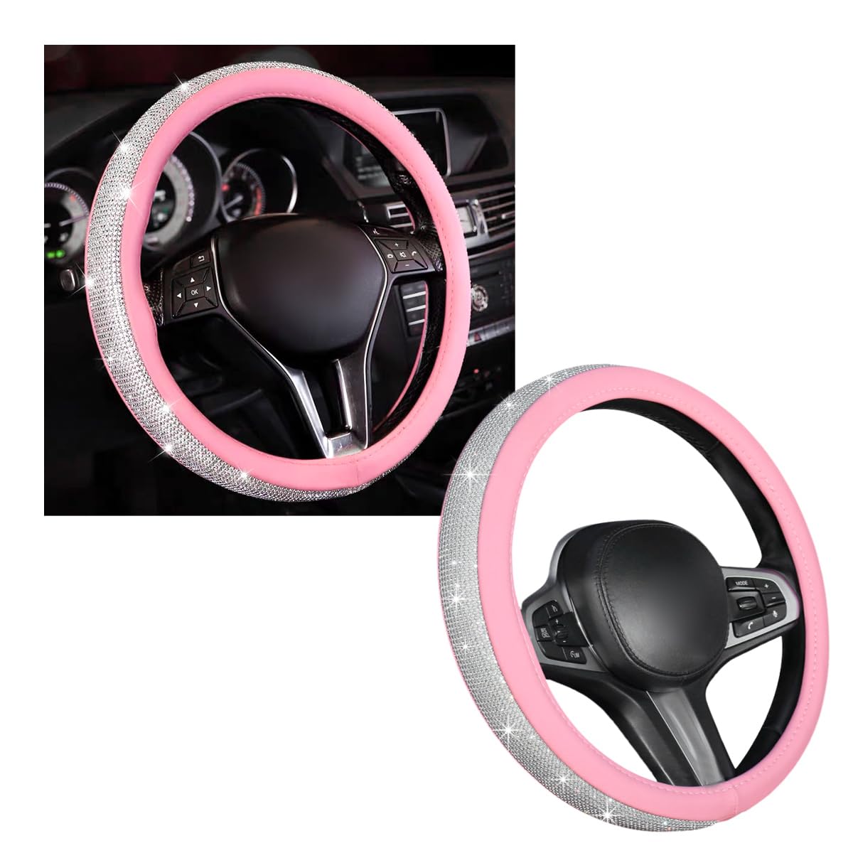 Ziciner Steering Wheel Cover, Bling Crystal Rhinestones Auto Wheel Protector, Sparkly Cover Universal Fit Diverse 14.5-15 inch Steering Wheel, Interior Decor Car Accessories (White+Pink)
