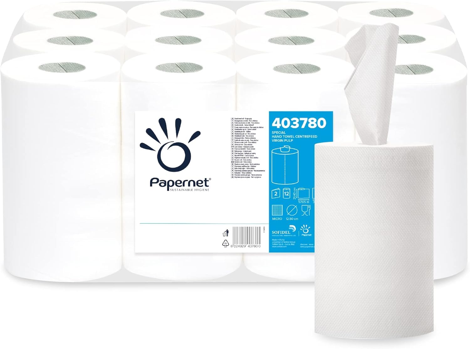 Papernet - Paper Towel Centerfeed Roll with Central Extraction (403780), 1 Pack of 12 Rolls in Pure Cellulose of 57m Each, 2 Plies, 163 Tears of 24.4 x 35cm