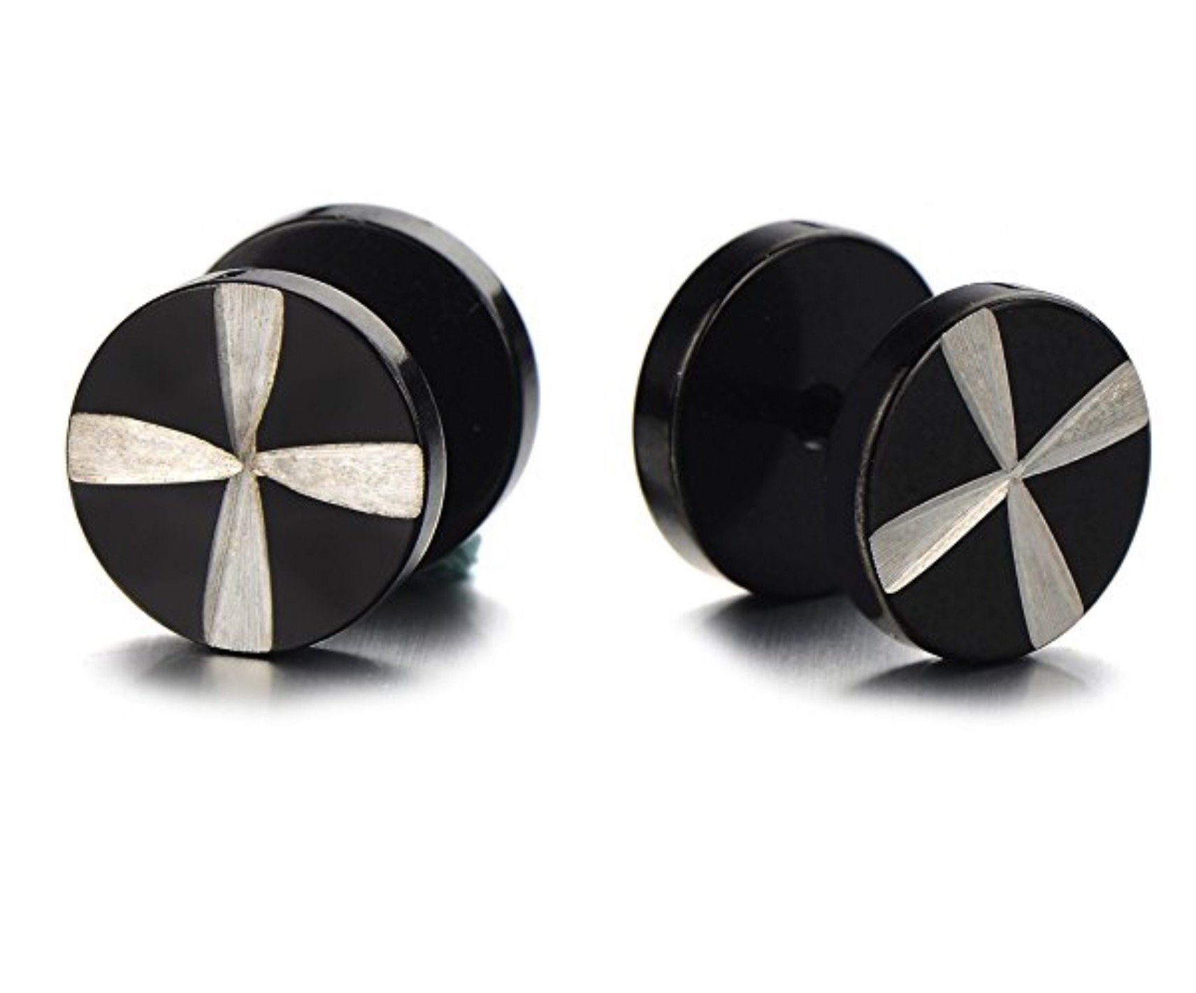 Mens Black Earrings Stainless Steel Illusion Tunnel Plug Screw Back with Laser Patterns, 2pcs-image-39