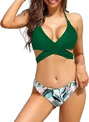 Conjunto de biquíni feminino cruzado push up frente única bandagem amarrada lateral roupa de banho duas peças