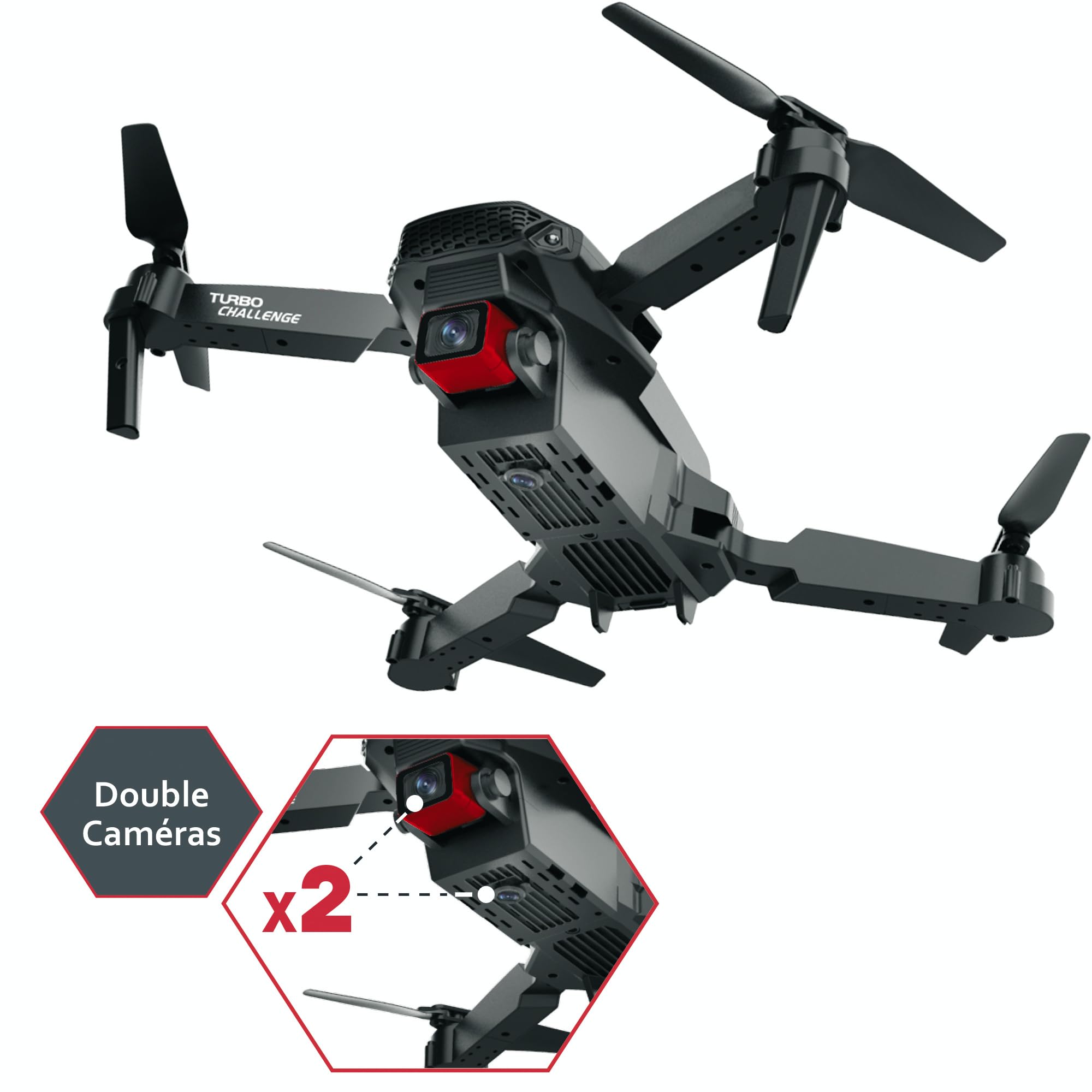 TURBO CHALLENGE - Drone - Quadricoptère - 400329 - Dispositif Volant - Noir - 2 Batteries Rechargeables - Cadeau - Anniversaire - Vidéo - Photo - Radiocommandé - Ecran Intégré - À Partir de 14 Ans