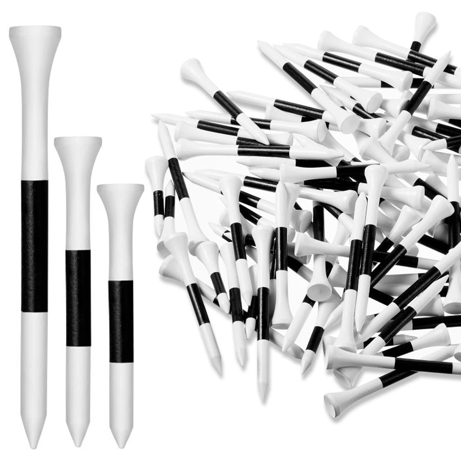 90 Pieces Wooden Golf Tees Flat Golf Tee Professional Driver Tees Black and White Short Tees for Reducing Friction Side Spin, 3.25 Inches, 2.75 Inches, 1.5 Inches