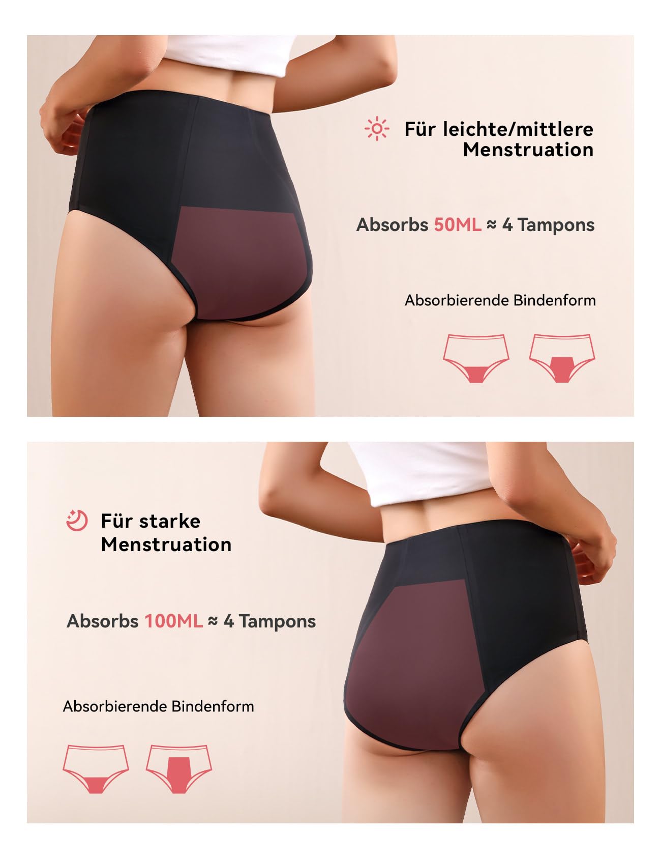 Carer 2er-Pack Inkontinenz-Slip für Damen mit hoher Saugfähigkeit Periodenunterwäsche für Tag und Nachtschutz Hoch taillierte schützende Menstruationsslips 50ml bis 100 ml Schwarz L