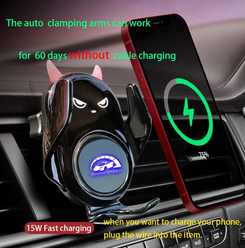 Peanutech Car Phone Holder Mount Wireless Charging Auto Clamping with Rotatable Vent Clip Cute Demon for iPhone Samsung Galaxy Andriod Phone