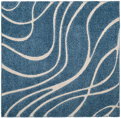 Image of Geometric Wave Square Shaggy Carpet for Living Room, Bedroom, High Low Design Finish Microfiber 1.8 Inch Pile High, 8x8 Feet Royal Blue|Ivory Color