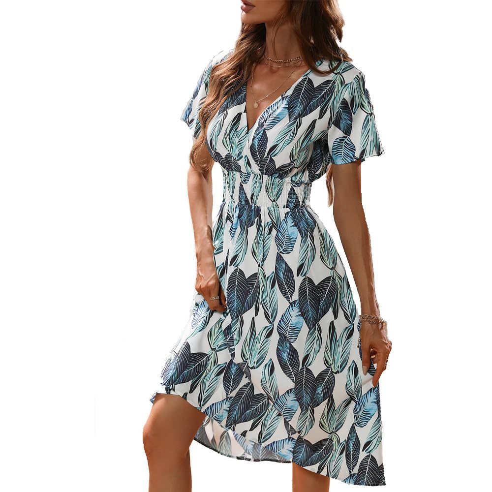 fdsmall Women's V Wrap Dress Short Sleeve V Neck Wrap Summer Dress Midi Casual Floral Sundress A Line Dress Beach Dress for Women Girls (UK, Alpha, M, Regular, Regular, Geometric)