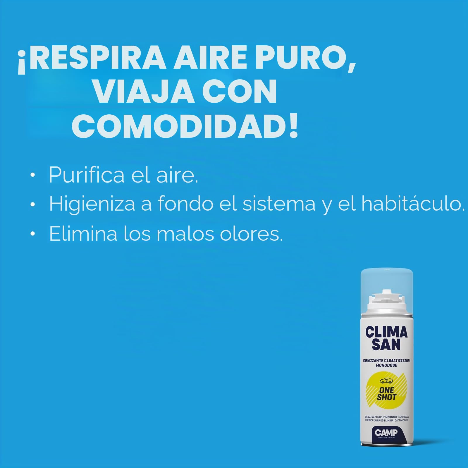 CAMP Climasan One Shot - Spray Limpiador Aire Acondicionado e Interior Coche, Limpieza Aire Acondicionado con Acción Purificadora–Ideal para Remover Gérmenes y Bacterias–Made in Italy, 200 ml