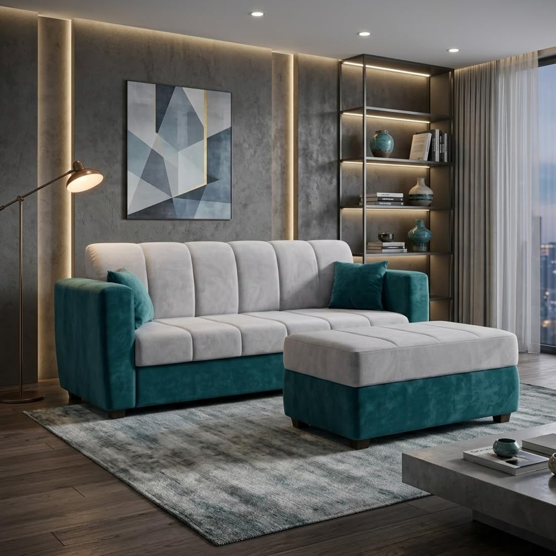 Alvaro Livewell 3 Seater Velvet Fabric Sofa Set with Ottoman, Modern Upholstered Couch for Living Room, Home & Office, Soft Cushion, Space Saving Sofa - Light Grey & Ocean Green-image-7