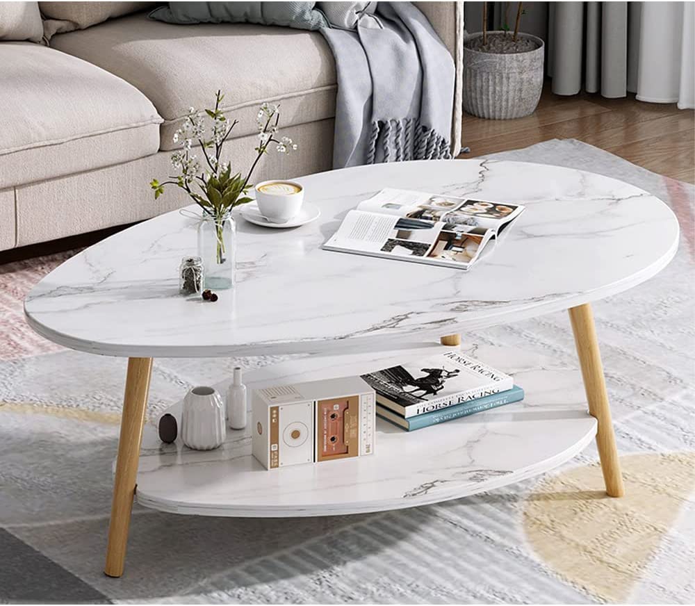 Coffee Table-Oval Wood Coffee Table with Open Shelving for Storage and Display 2 Tier Sofa Table, Small Modern Furniture for Living Room&Home (Marble white)