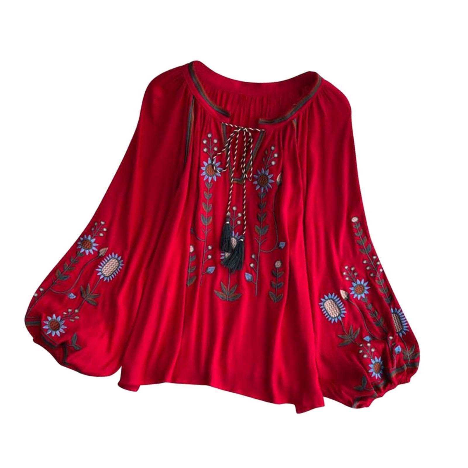 Camicetta Ricamata Da Donna con Scollo a V, Casual E con Nappine, Stile