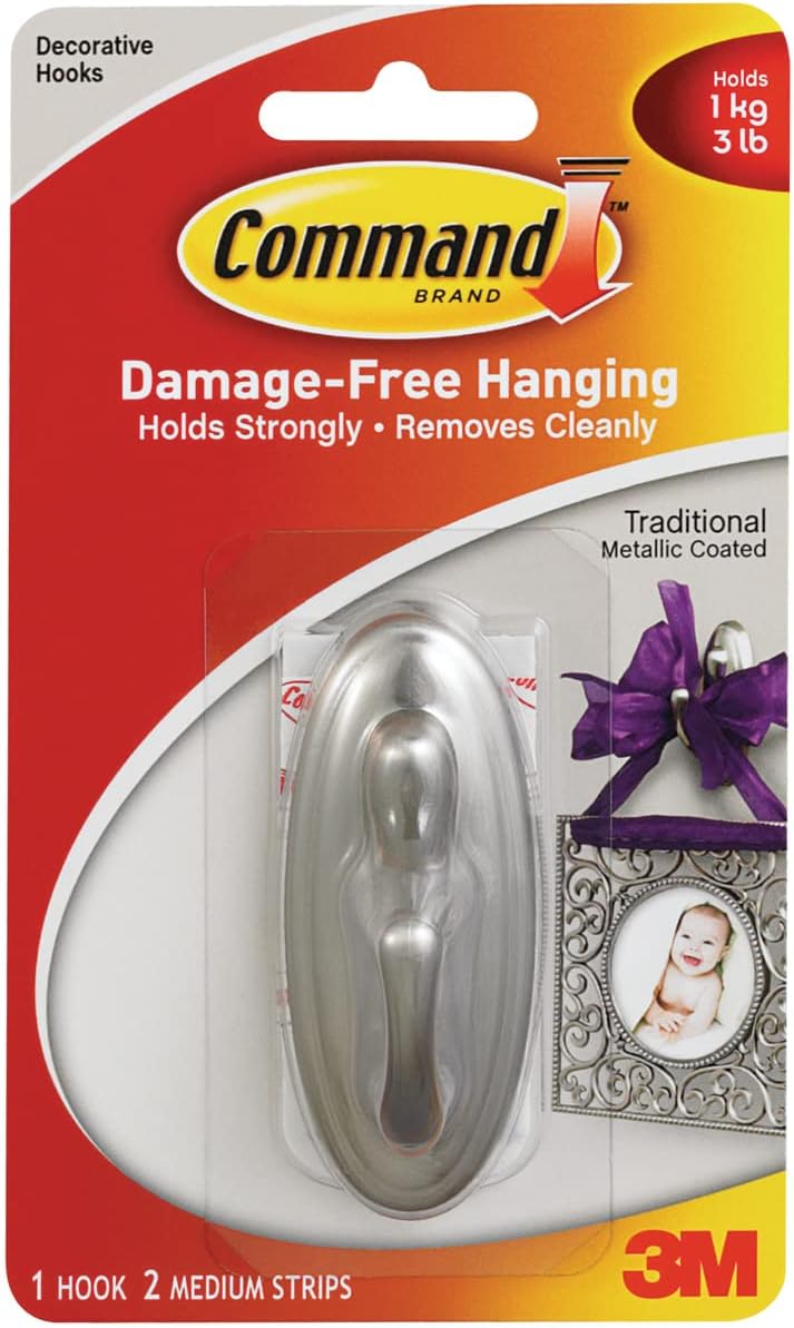 Command Medium Traditional Hook, Holds up to 3 lb, 1 Wall Hook with 2 Command Strips, Brushed Nickel Color, Organize Damage-Free No Tools Wall Hooks for Hanging Decorations in Living Spaces