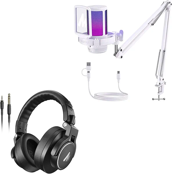 MAONO USB Microphone White + Studio Monitor Mixing DJ Headphones MH700 Silver