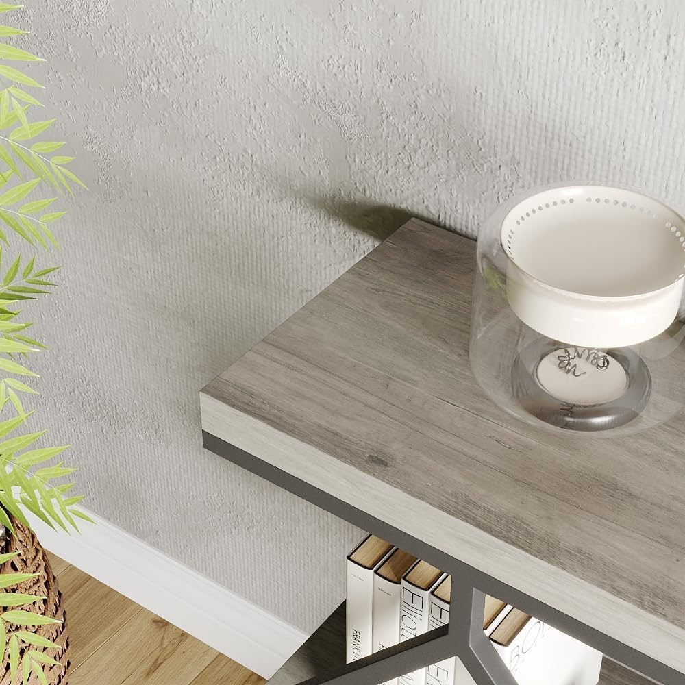 3-Tier Entryway Table, Narrow Console Table with Open Shelves, Modern Sofa Tables with Storage & Diamond-Shaped Metal Frame, Accent Tables for Entryway, Hallway, Gray