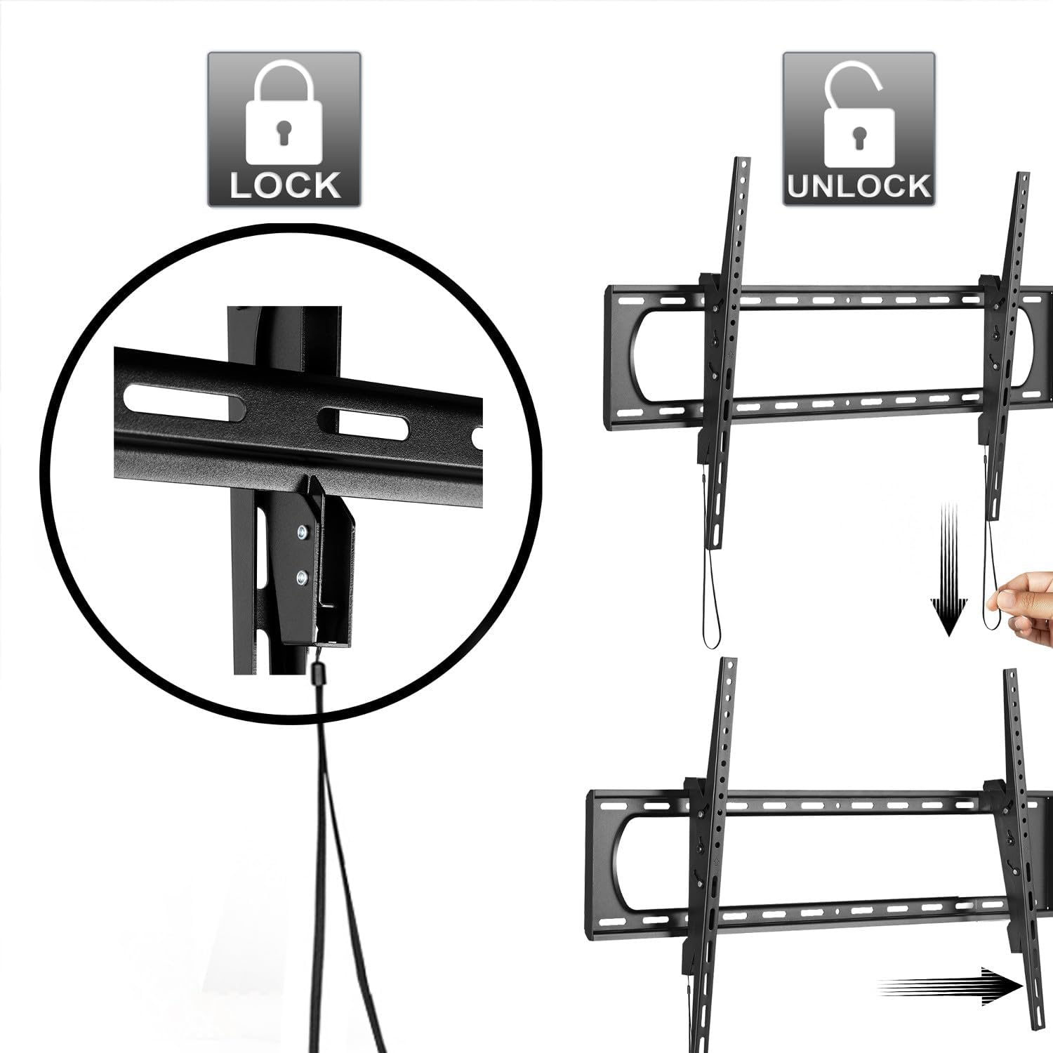 Diagram showing lock and unlock mechanism with pull straps for Maclean MC-750N