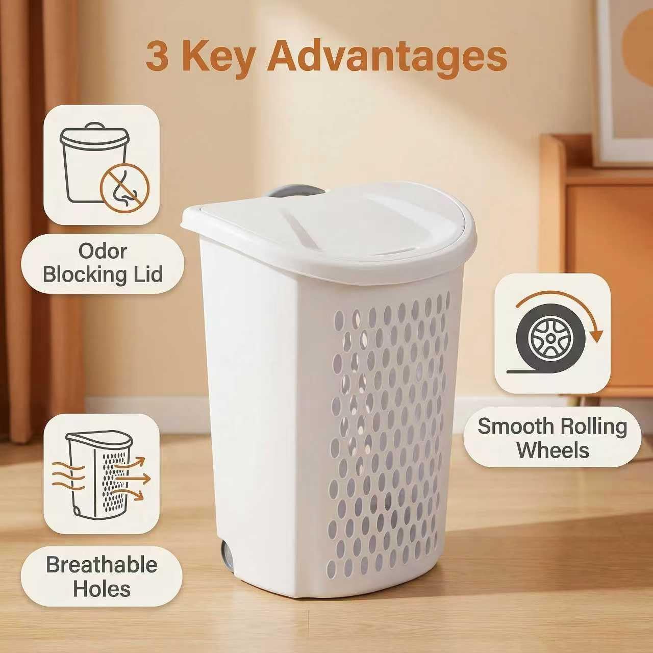 (2 Pack) Ultra Wheeled Hamper - White Plastic Laundry Hamper with Retractable Handle & Smooth Wheels, 2 Bushel Capacity for Dorms/Apartments/Family