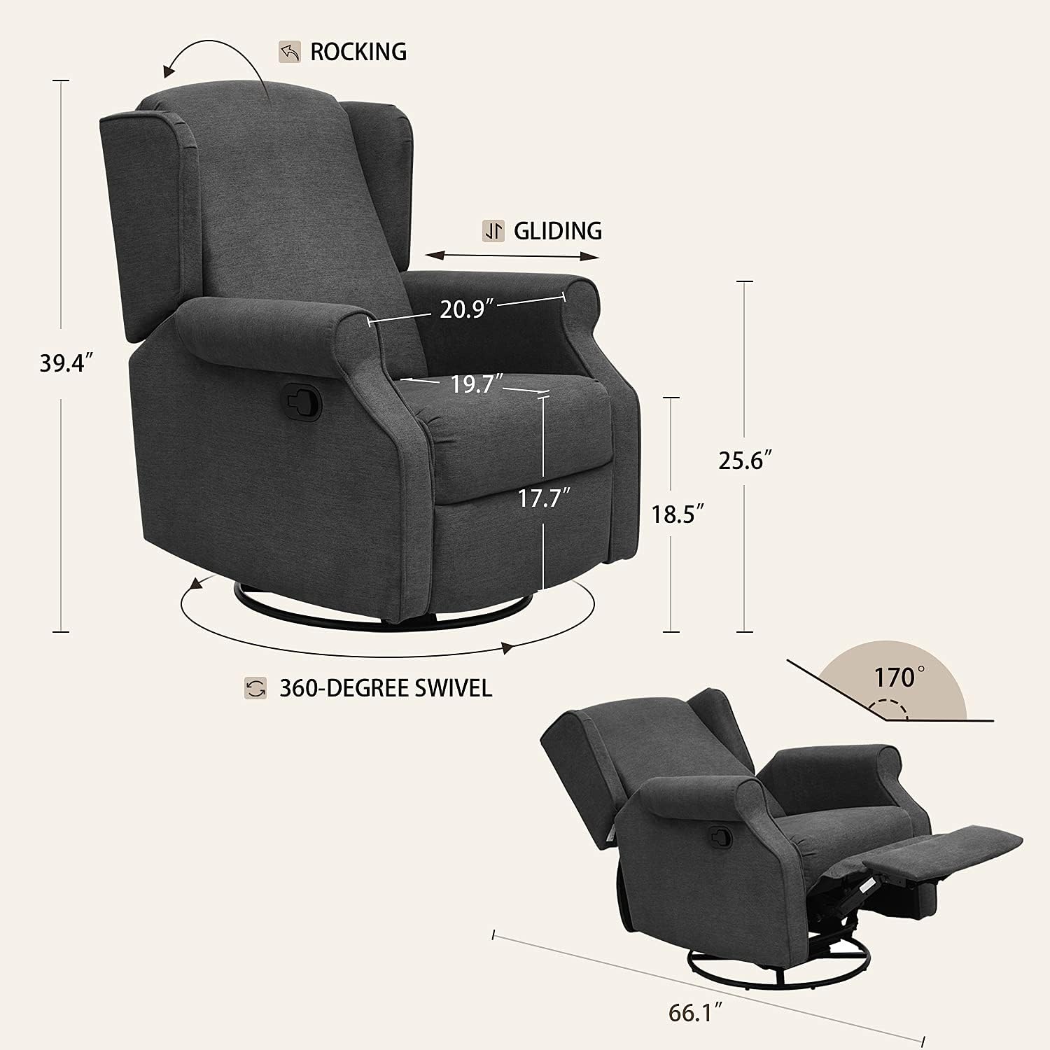 YANXUAN Pushback Recliner Chair with Swivel Base, Manual Mechanism Rocking Chair with Trim, Charcoal : Home & Kitchen
