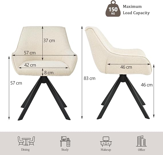 Swivel Dining Chairs Set of 4, 360° Swivel Kitchen Chair for Living Room with Armrests, Upholstered, Metal Leg, Beige White