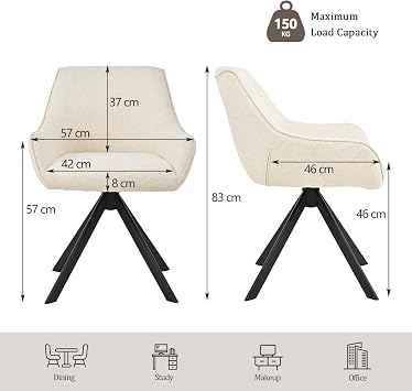 Swivel Dining Chairs Set of 4, 360° Swivel Kitchen Chair for Living Room with Armrests, Upholstered, Metal Leg, Beige White