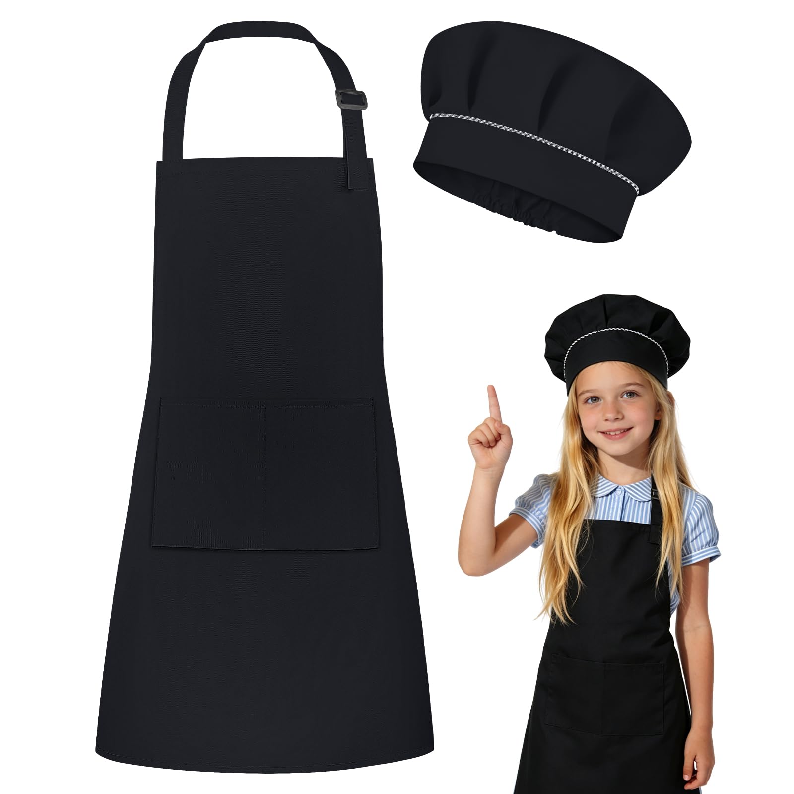 DiULi Kids Apron and Chef Hat Set, Adjustable Neck Strap & Double Pocket, Black Cooking Aprons for Children Cooking Baking and Art Activities, Sizes L