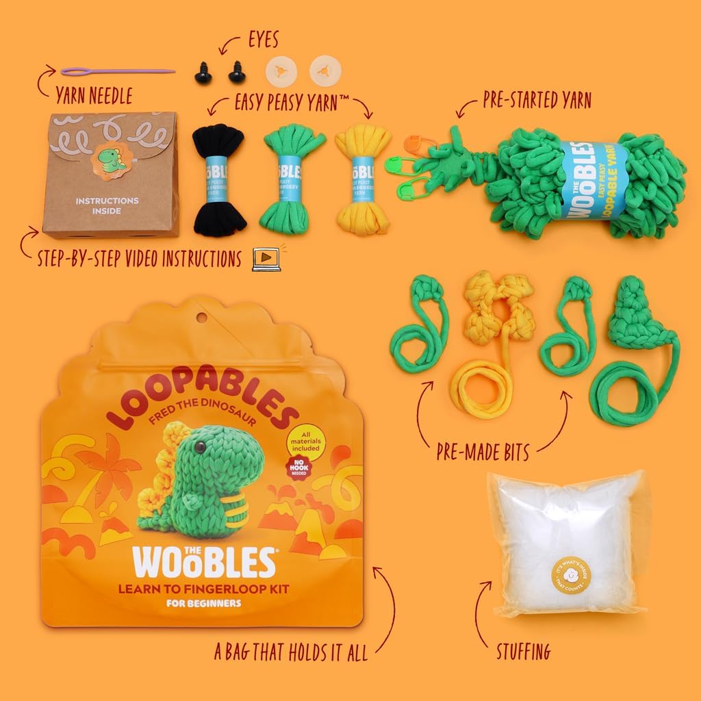 The Woobles Crochet Kit for Beginners with Easy Peasy Loopable Yarn, As Seen on Shark Tank - Easy Arts and Crafts Knitting & Crochet Animals Kit with Step-by-Step Video Tutorials (Fred the Dino)