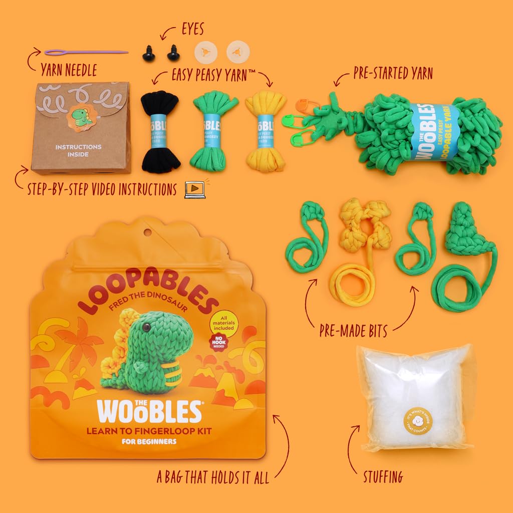 The Woobles Crochet Kit for Beginners with Easy Peasy Loopable Yarn, As Seen on Shark Tank - Easy Arts and Crafts Knitting & Crochet Animals Kit with Step-by-Step Video Tutorials (Fred The Dino) - 4