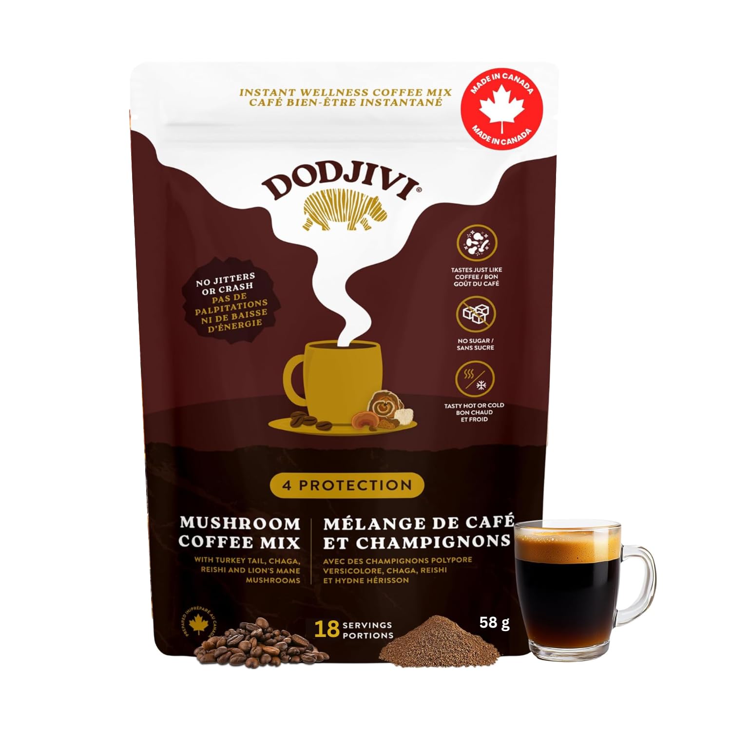 Dodjivi Organic Mushroom Coffee Instant Packets, 100% Arabica Coffee Powder with Reishi mushroom, Lion's mane, Chaga,Turkey Tail for Better Focus, Energy, Immune Support, Keto Friendly (18 Servings)