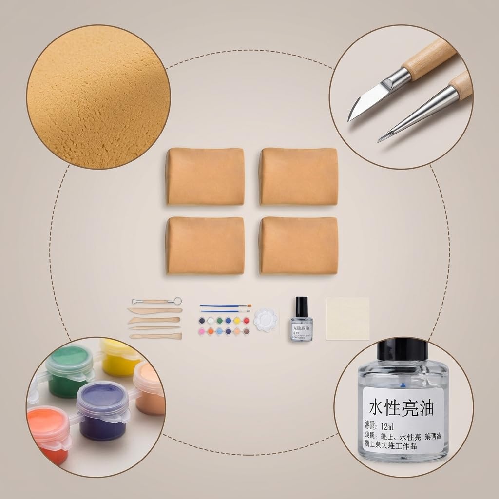 Argilla da Modellare Ceramica Autoindurente per Scultura e Fai-da-Te – Pasta Modellabile Senza Cottura, Argilla gialla 4 confezioni + set da cinque pezzi + pittura + olio lucido