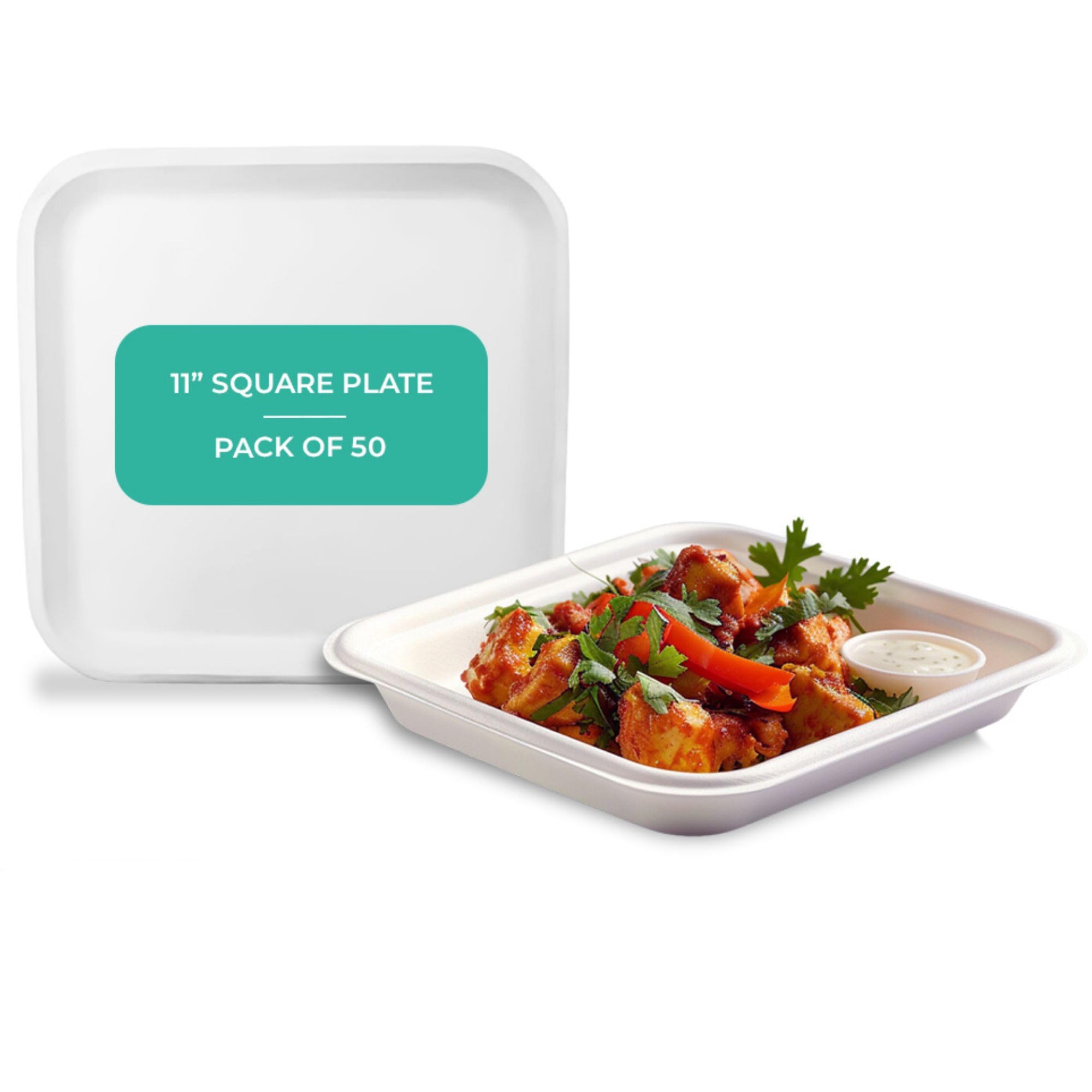 Eco Earth 11in (26cm) 50 Pack Disposable Bagasse Plates - Sugarcane Plate for Snack Biodegradable Disposal Natural & Eco Friendly Non-Absorbent Heavy Duty Strong, Sqaure, White