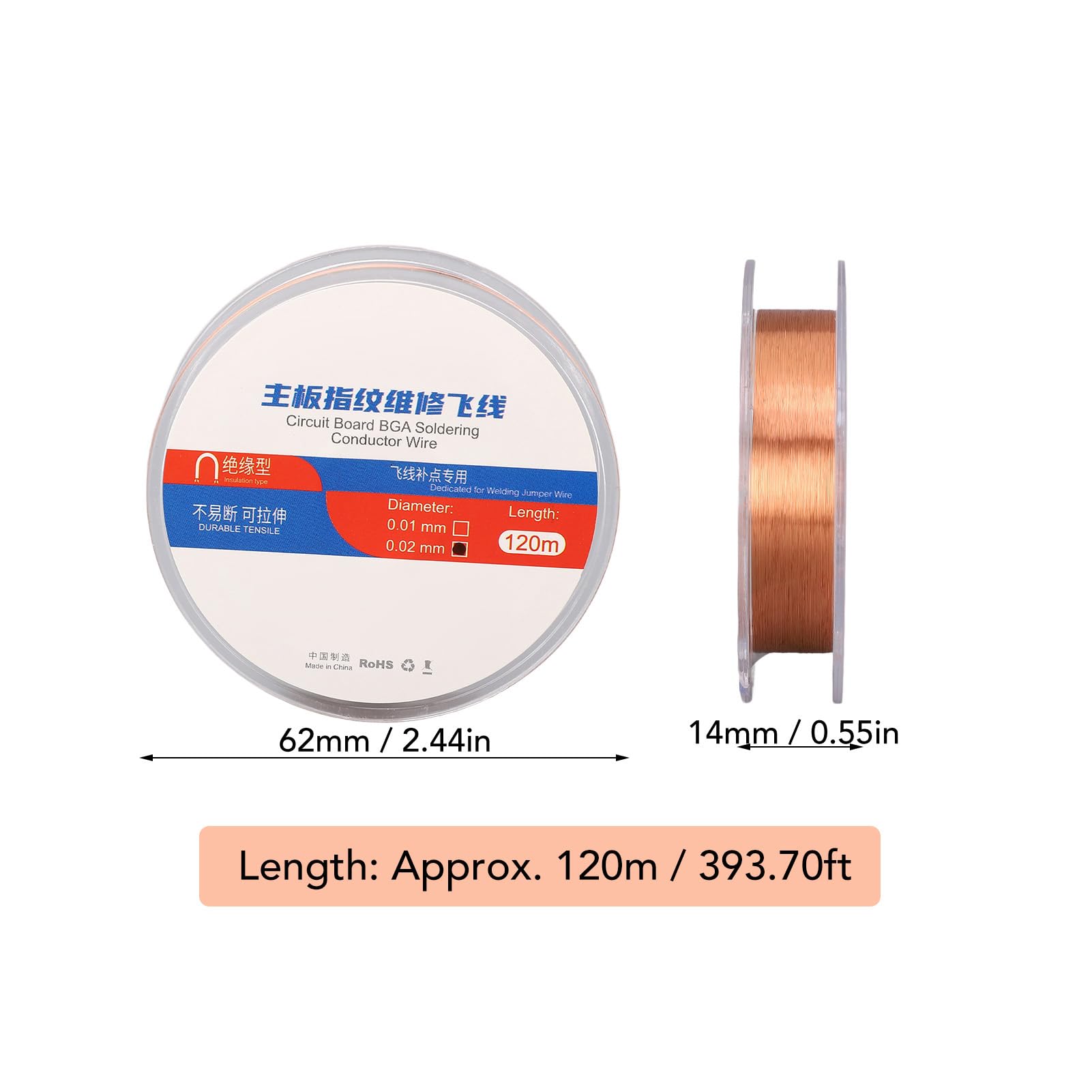 Zerodis Fil de Conduction de Puce de Téléphone, Cuivre Pur, Fil à Souder Flexible, 120 M pour la Réparation de Cartes Mères de Téléphones Portables et les Projets de PCB (0,02 mm)