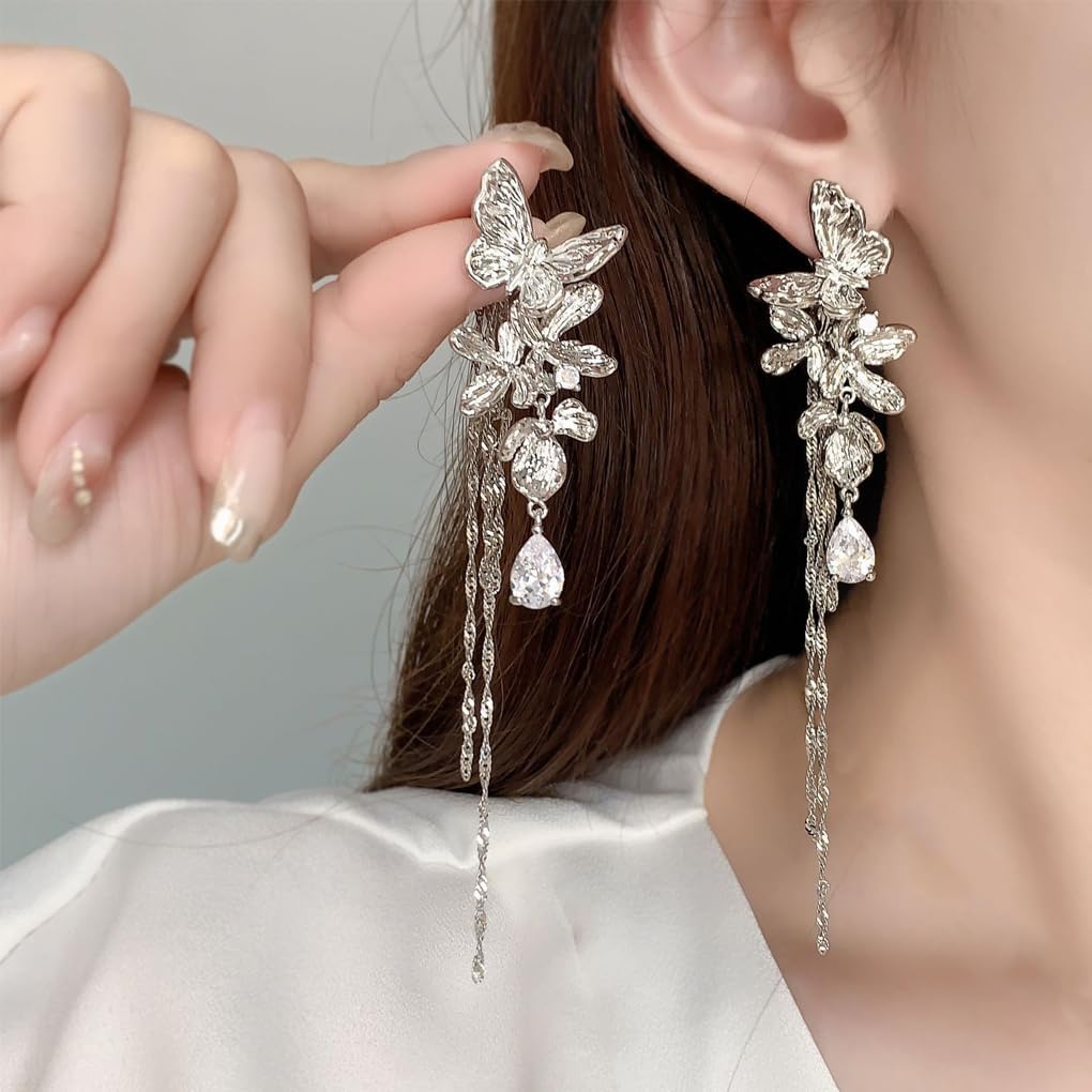 Gold Long Butterfly Dangle Earrings for Women,Cute Butterfly Flower Tassel Chain Earrings,Bride Wedding Drop Earrings Valentine'S Day Jewelry Gifts - Image 4