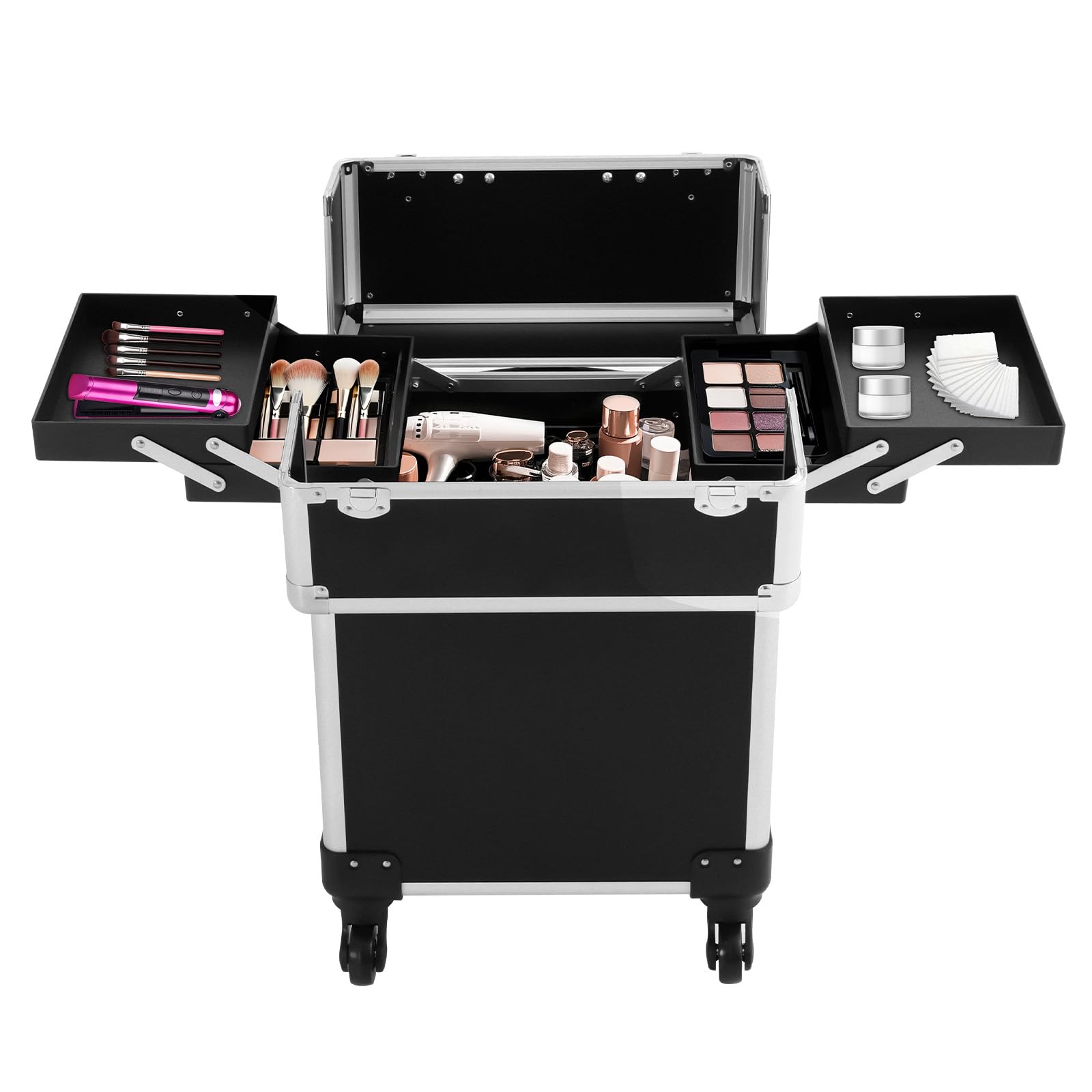 Valigetta professionale per cosmetici Colore nero Con 4 ruote rimovibili e angoli di protezione 34 x 24 x 47 cm Ideale per trucchi truccatori, design unghie e viaggi