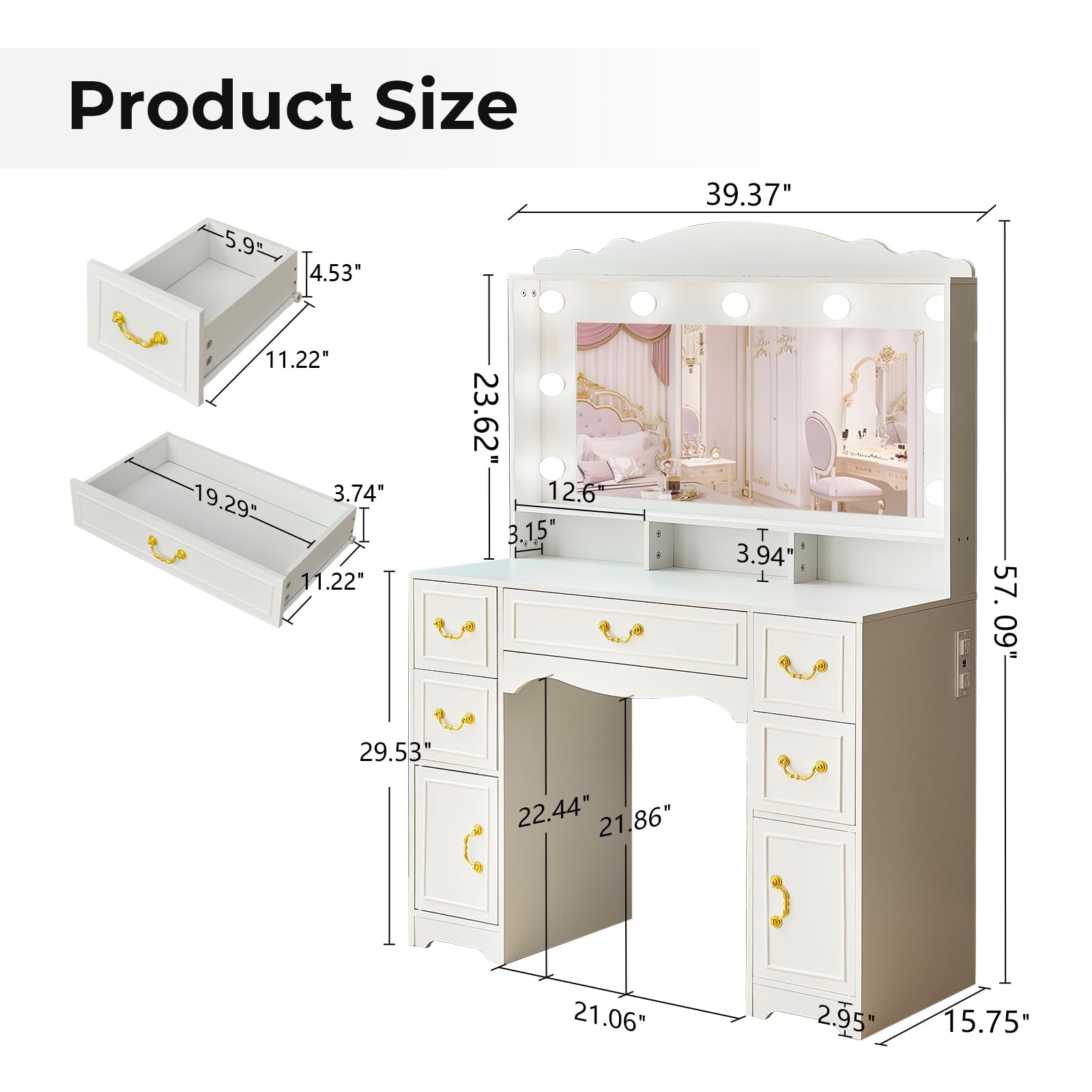 JanflyHome Vanity Desk with Mirror and Lights- 57‘’ W Large Makeup Vanity Table with Power Outlet & 5 Drawers, 3 Colors and Brightness Adjustable, Modern Dressing Table for Bedroom, White