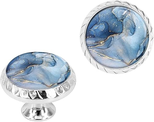 Paquete de 6 pomos plateados para cajones, mármol azul cian con manchas doradas, pomos de cristal de cristal para aparadores, tiradores de cajones,