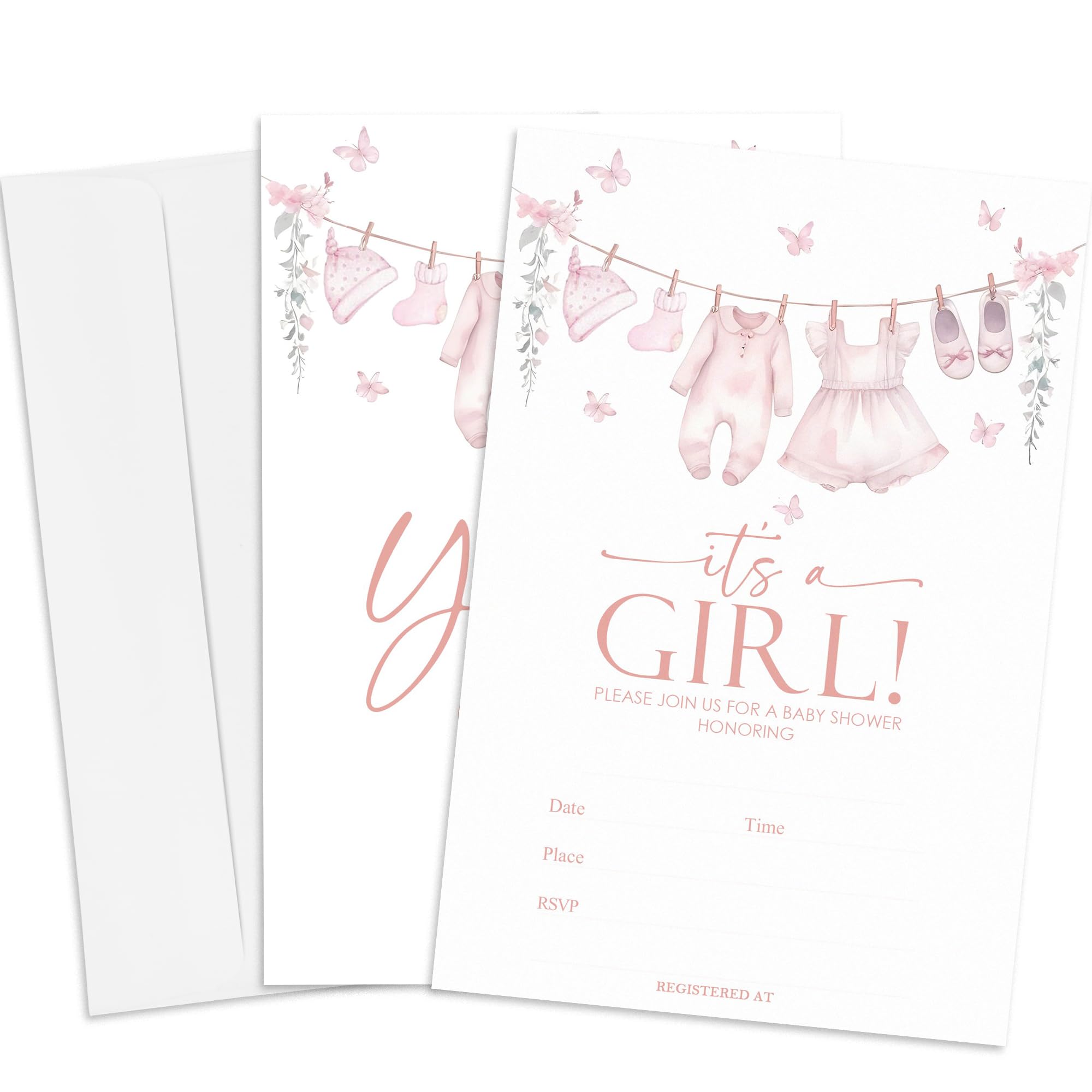 Classic Pink Clothes & Butterfly Baby Girl Invitations (25 Sets)