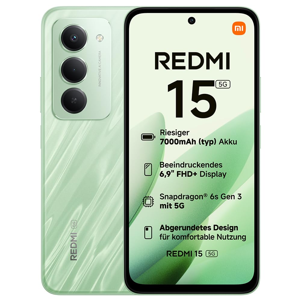 XIAOMI Redmi 15 5G, Smartphone 8+256GB, 6,9" FHD+ DotDisplay 144Hz, Snapdragon® 6s Gen 3, 6nm-Prozess, Octa-Core-CPU, 50MP Hauptkamera, 7000mAh, Grün