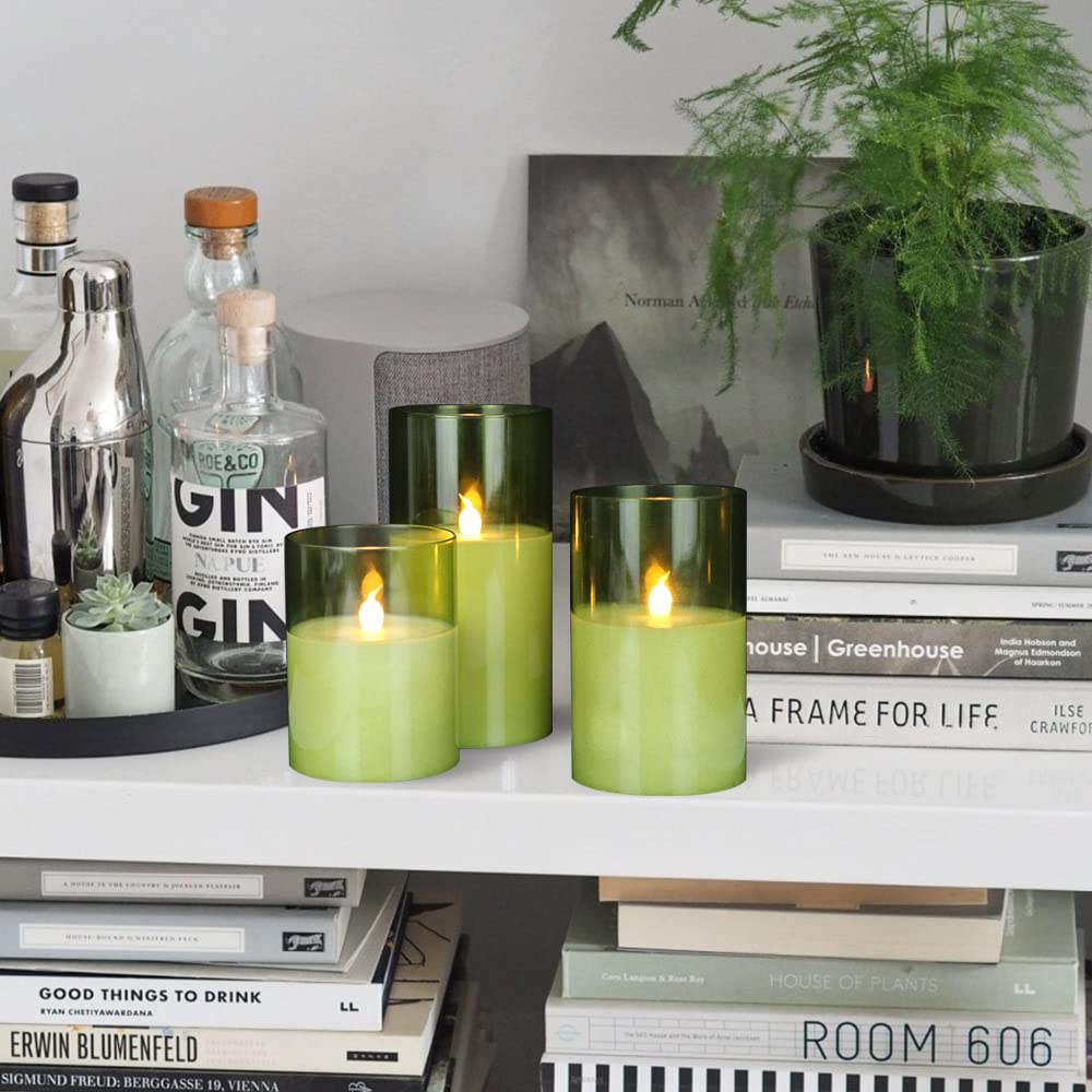 GenSwin Candele a LED senza fiamma, in vetro verde, funzionamento a batteria, con telecomando a 10 tasti e timer, candele in vera cera bianca calda, luce tremolante per la decorazione della casa (set
